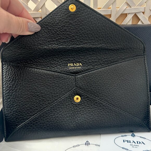 Prada Envelope clutch in Black & Gold includes box & authenticity cards shown - Picture 6 of 9